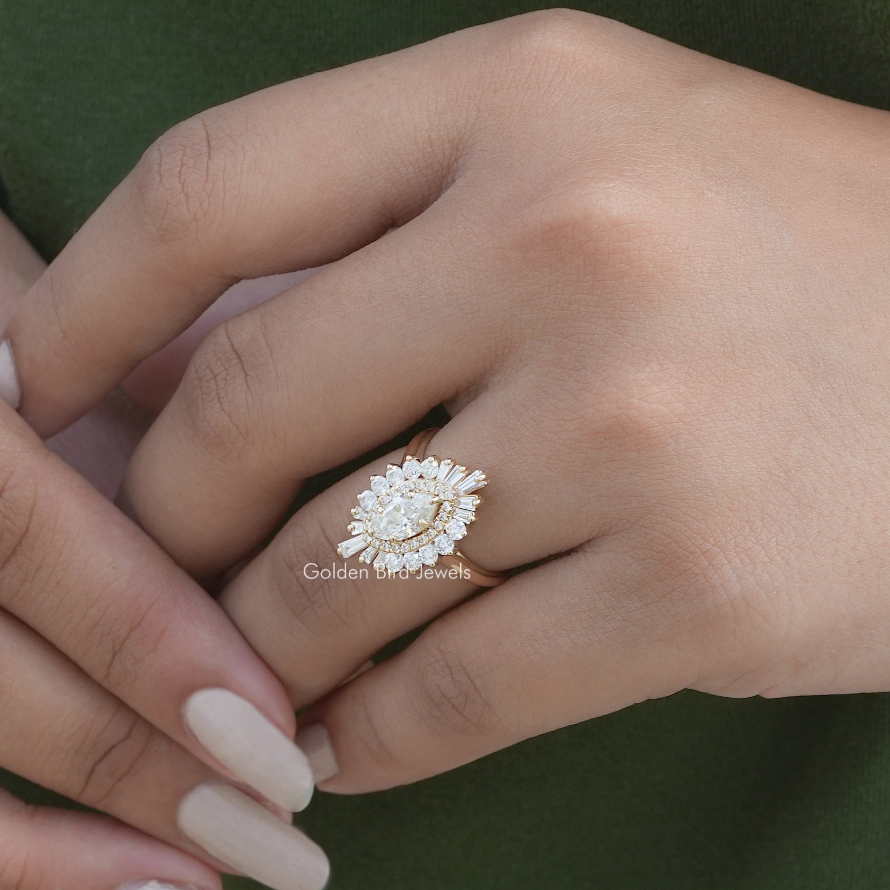 View of Marquise Cut Halo Ballerina Ring In Yellow Gold