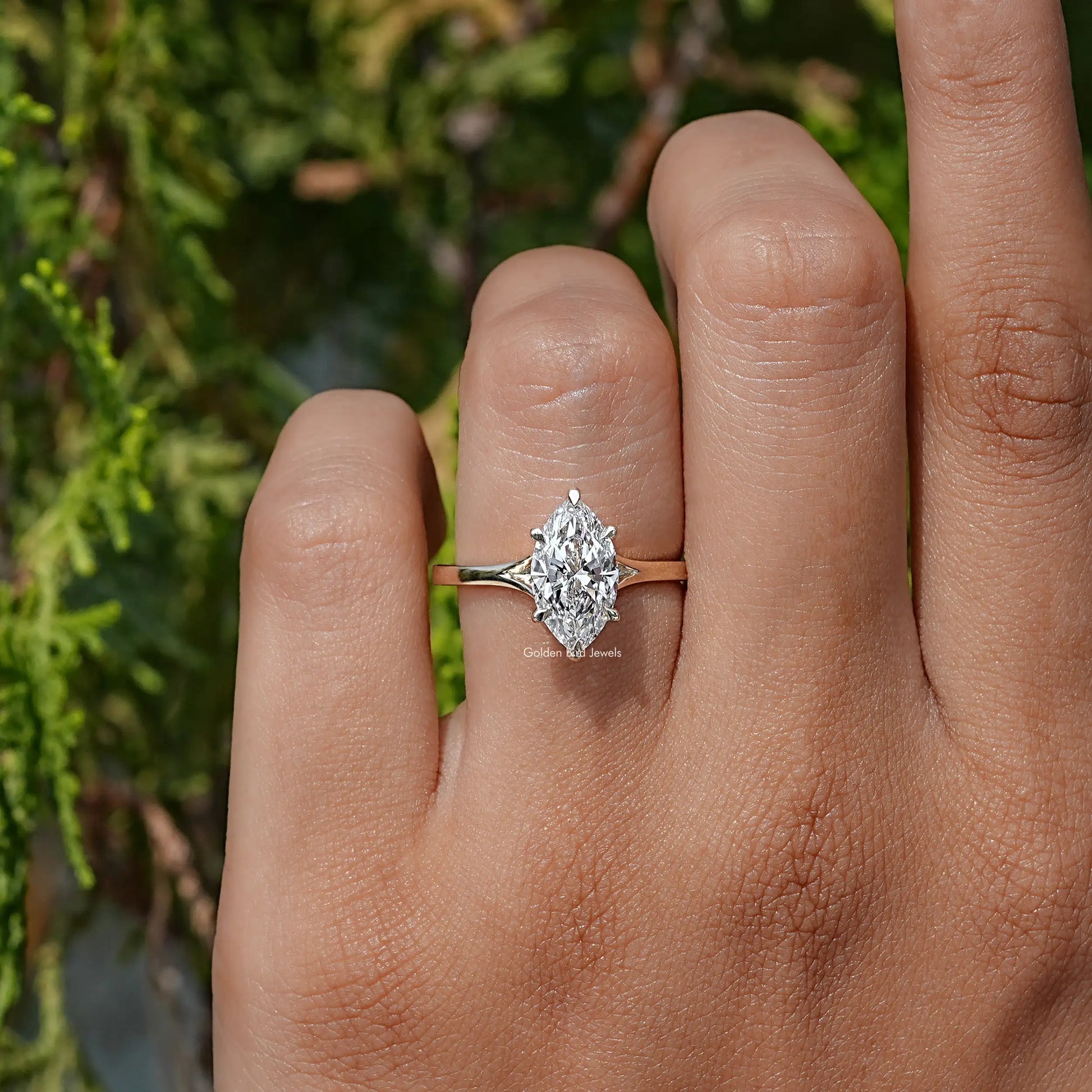 View of Marquise Cut Lab Diamond Engagement Ring In Yellow Gold