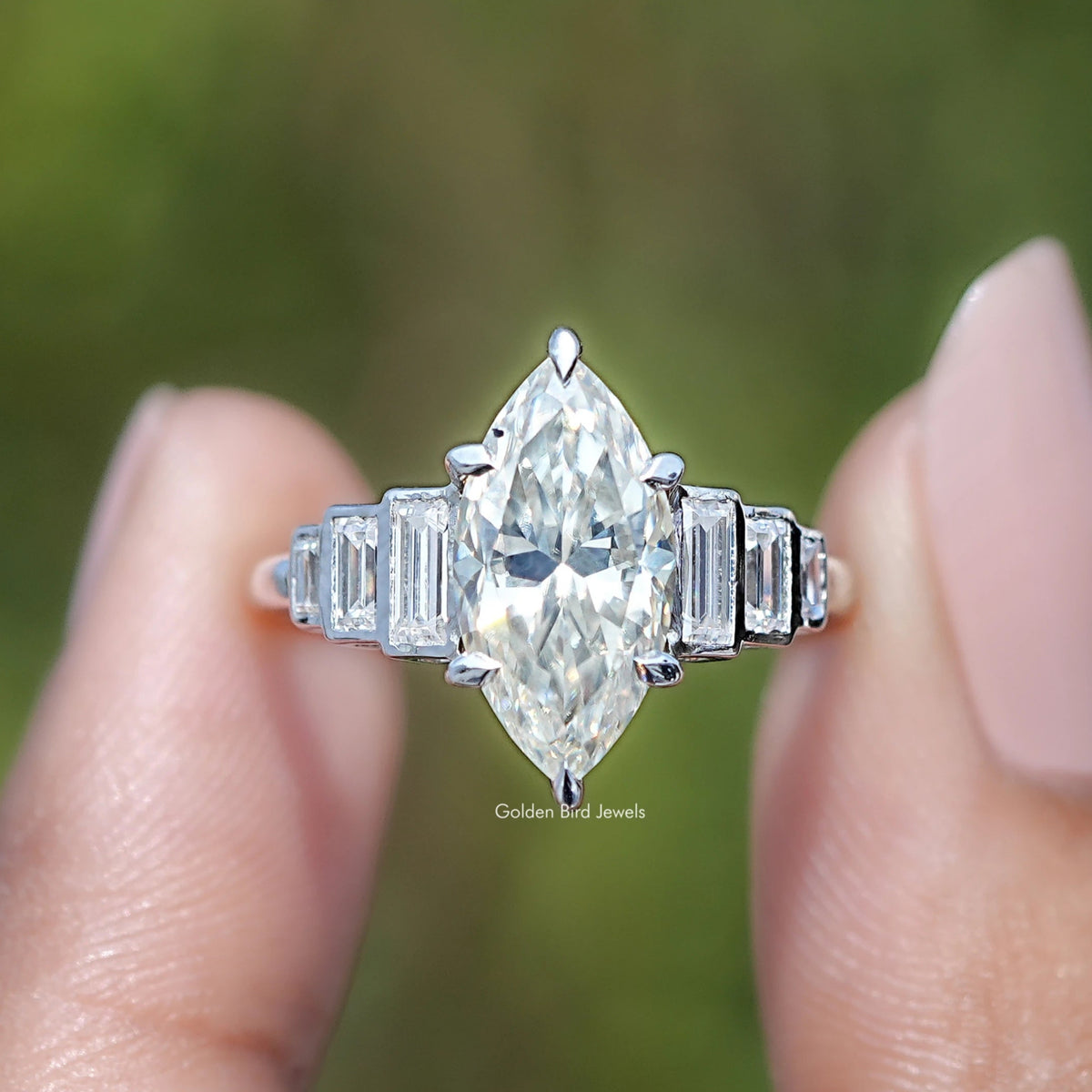 Marquise Cut Moissanite Accent Stone Ring