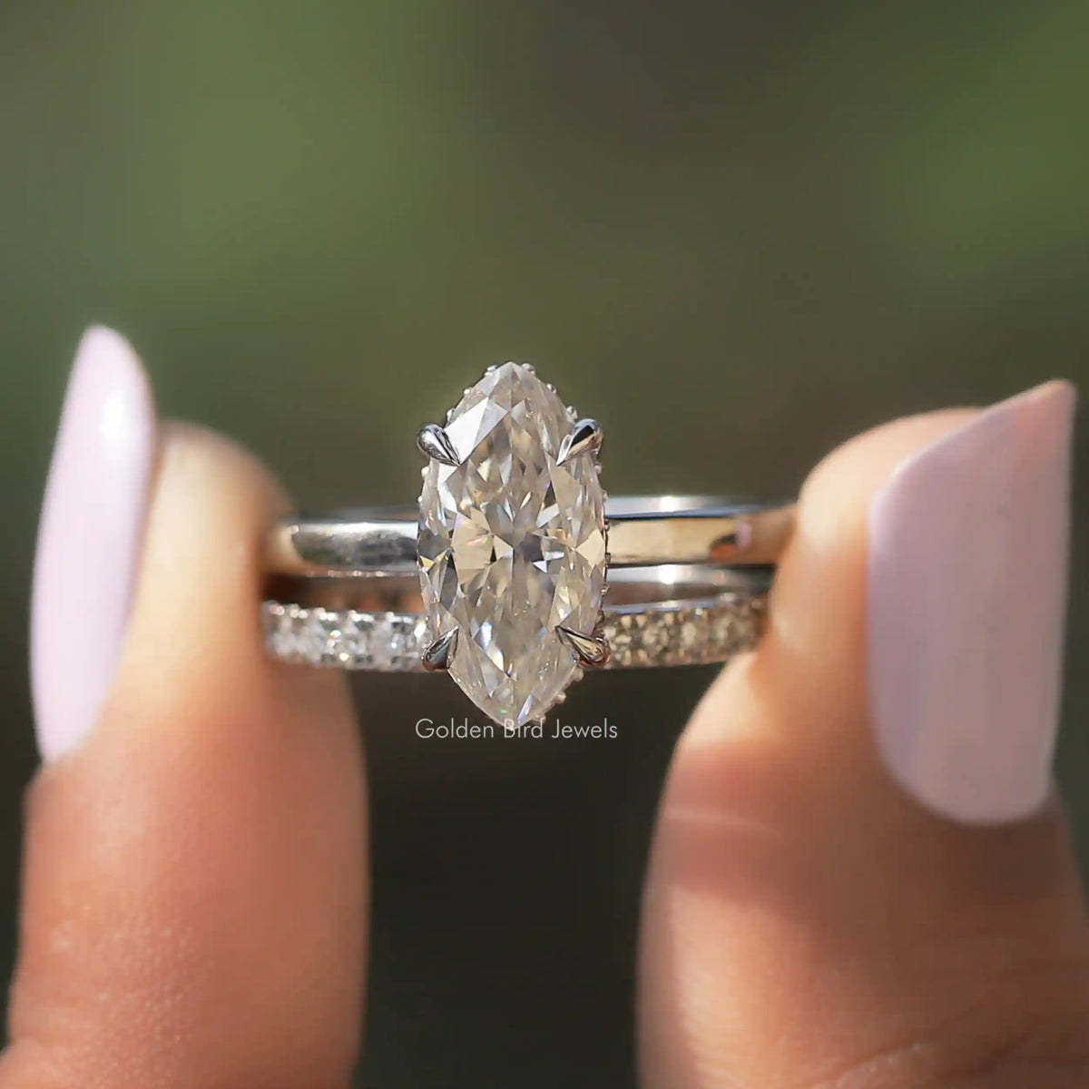 Front View of Marquise Cut Moissanite Halo Bridal Wedding Ring In two Finger