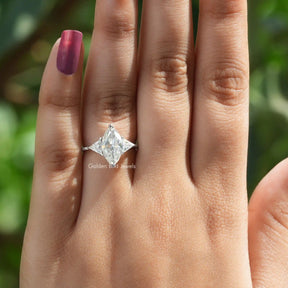 [In Finger A Front View Of Moissanite 3-Stone Engagement Ring]-[Golden Bird Jewels]