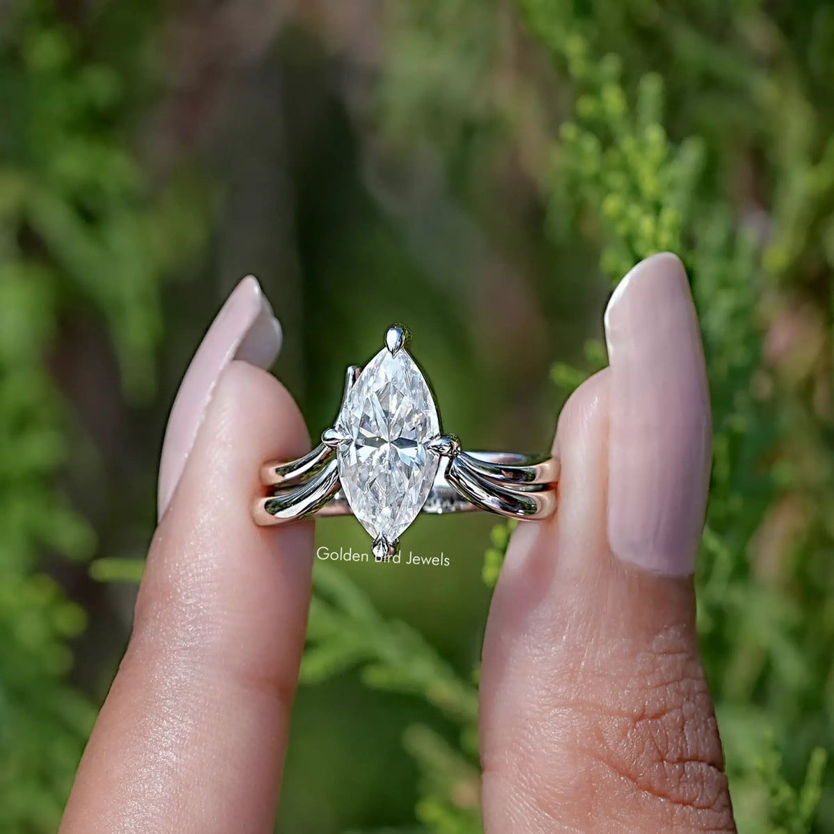 View Of Marquise Cut Moissanite Solitaire Chevron Ring 
