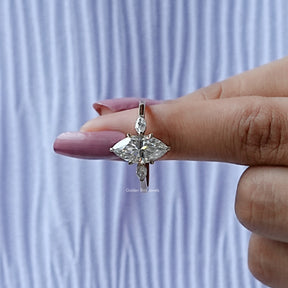 In finger front view of Marquise Cut Moissanite Three Stone Engagement Ring In white gold