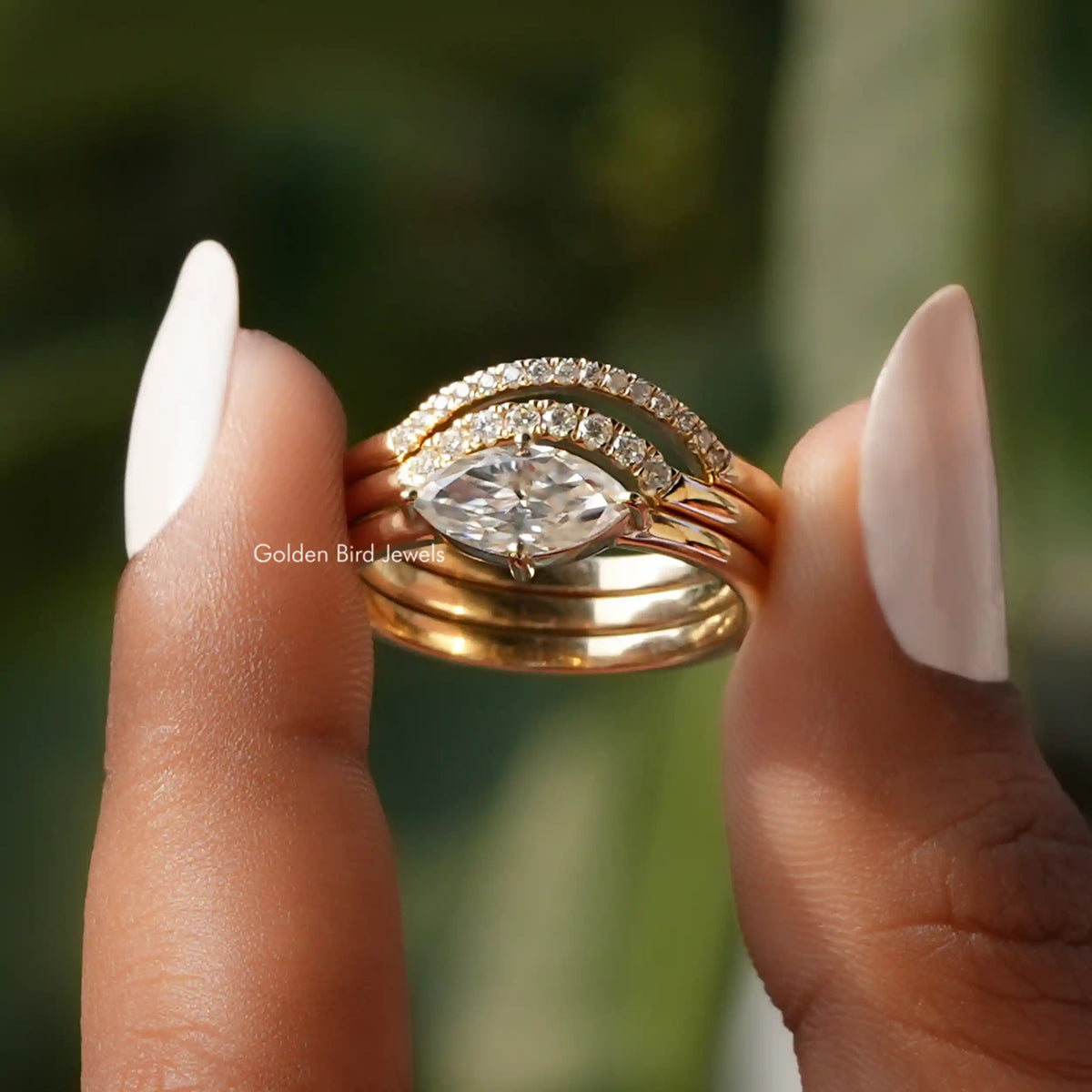 Front View of Marquise Cut Moissanite Bridal Curved Band Set In two Fingers