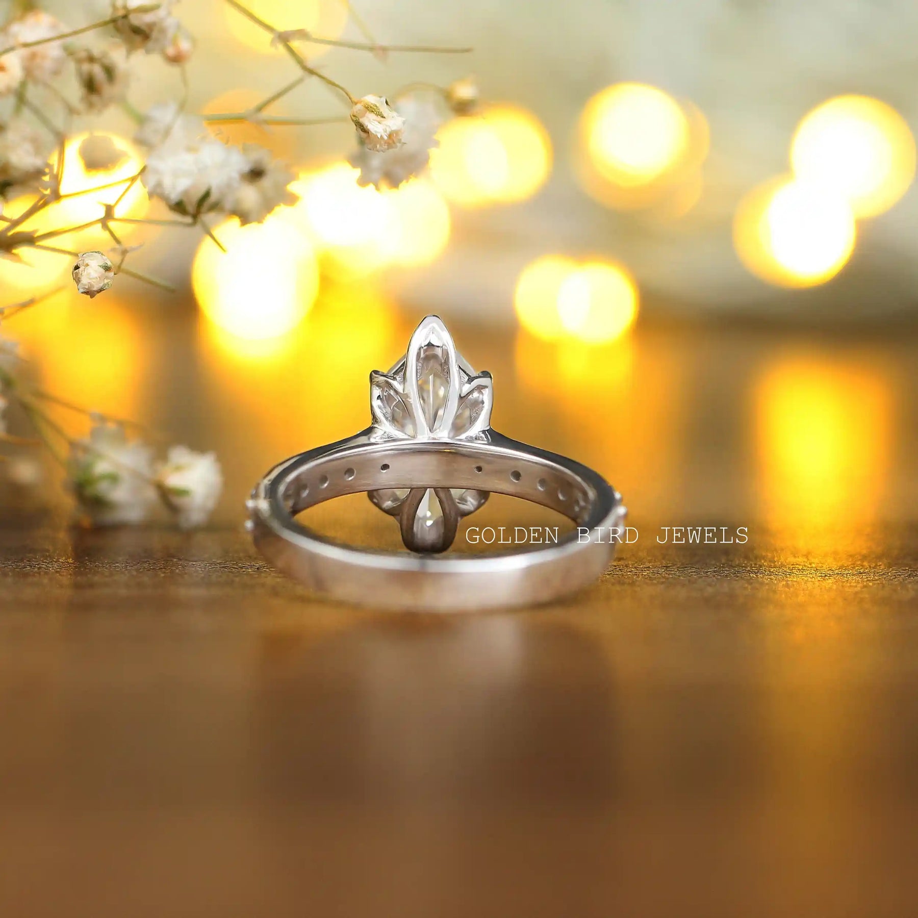 [Back Side View Of 14K White Gold Moissanite Engagement Ring]-[Golden Bird Jewels]
