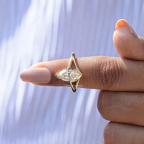 In finger front View of Moissanite Marquise Cut Solitaire Ring