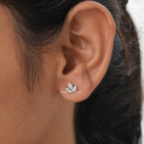 [In ear front view of marquise cut stud earrings set in vvs clarity]-[Golden Bird Jewels]