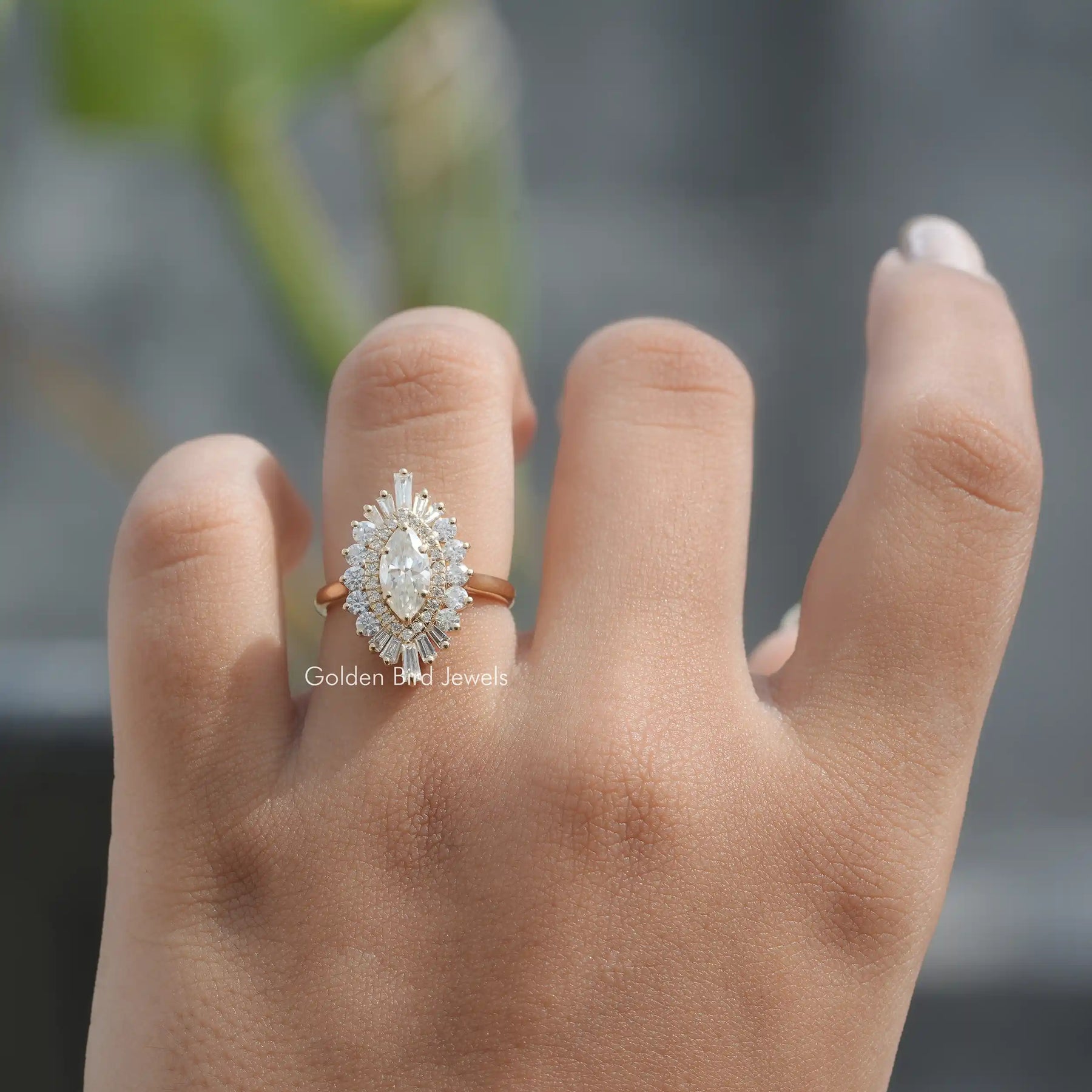 [Moissanite Marquise Cut Cluster Ring With Round And  Baguette Cut Stones]-[Golden Bird Jewels]