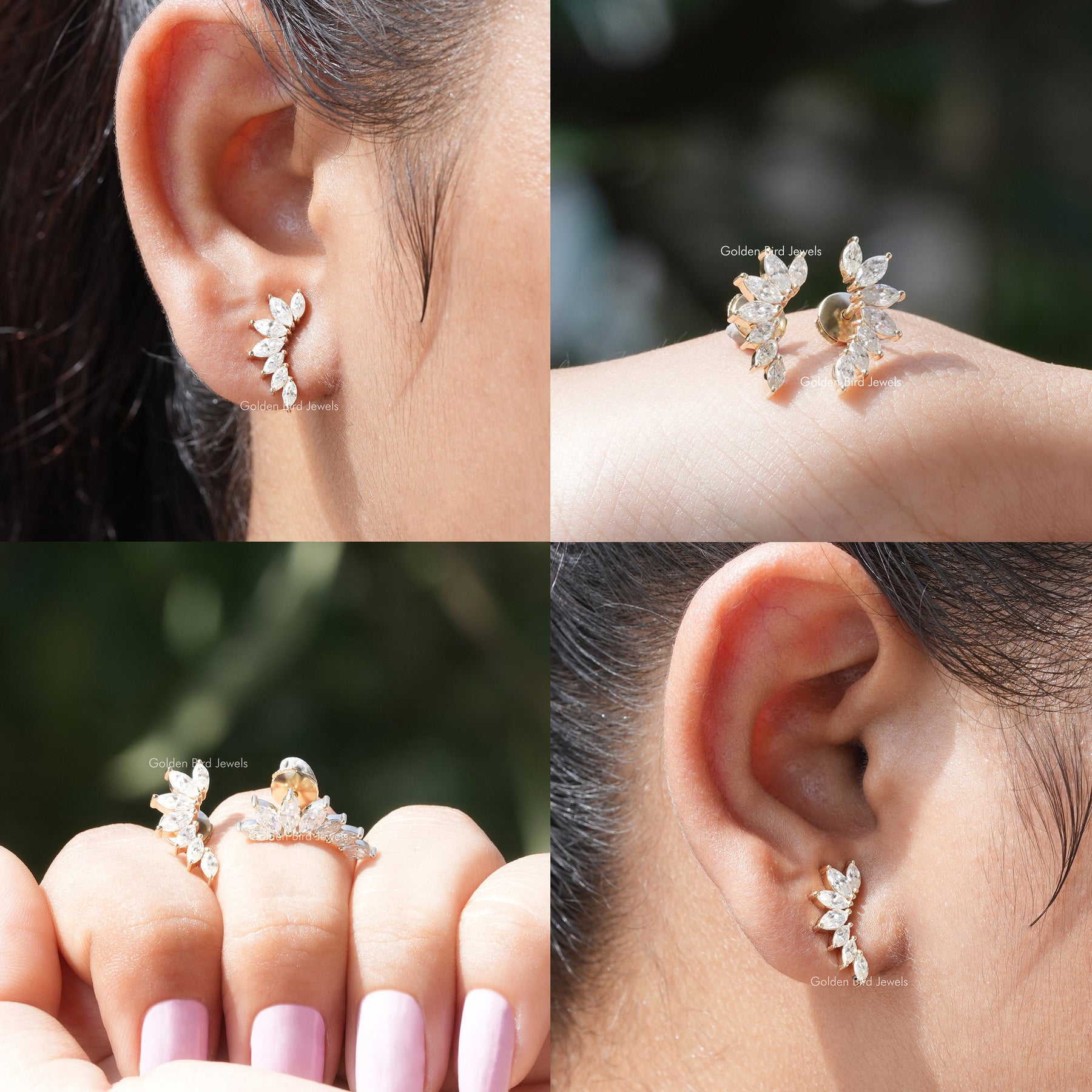 [Collage of moissanite marquise stud earrings]-[Golden Bird Jewels]