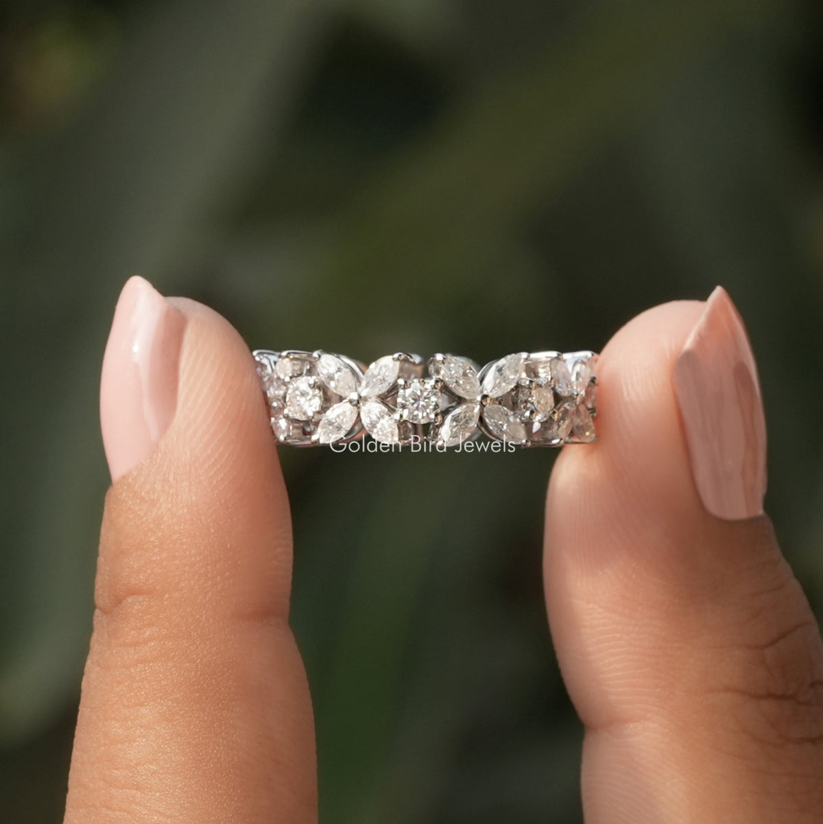 [In two finger front view of marquise and round cut moissanite wedding band]-[Golden Bird Jewels]