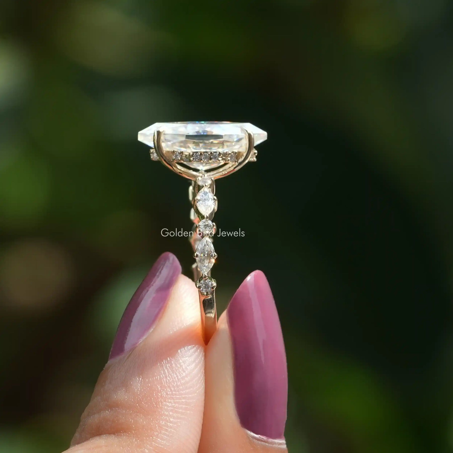 [Side view of marquise cut hidden halo engagement ring]-[Golden Bird Jewels]
