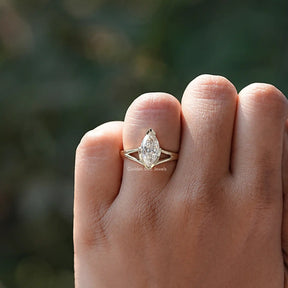 View of Split Shank Marquise Cut Moissanite Ring In finger