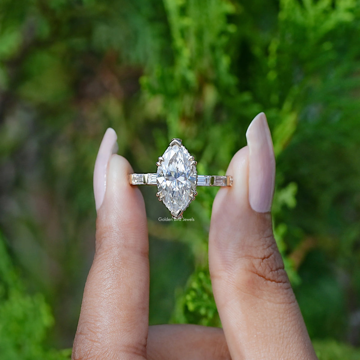 View Of Marquise And Baguette Cut Moissanite Solitaire Accent Ring 