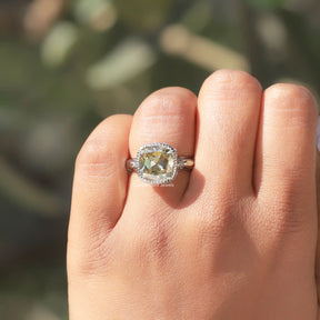 [In finger front view of moissanite cushion cutt cut engagement ring]-[Golden Bird Jewels]