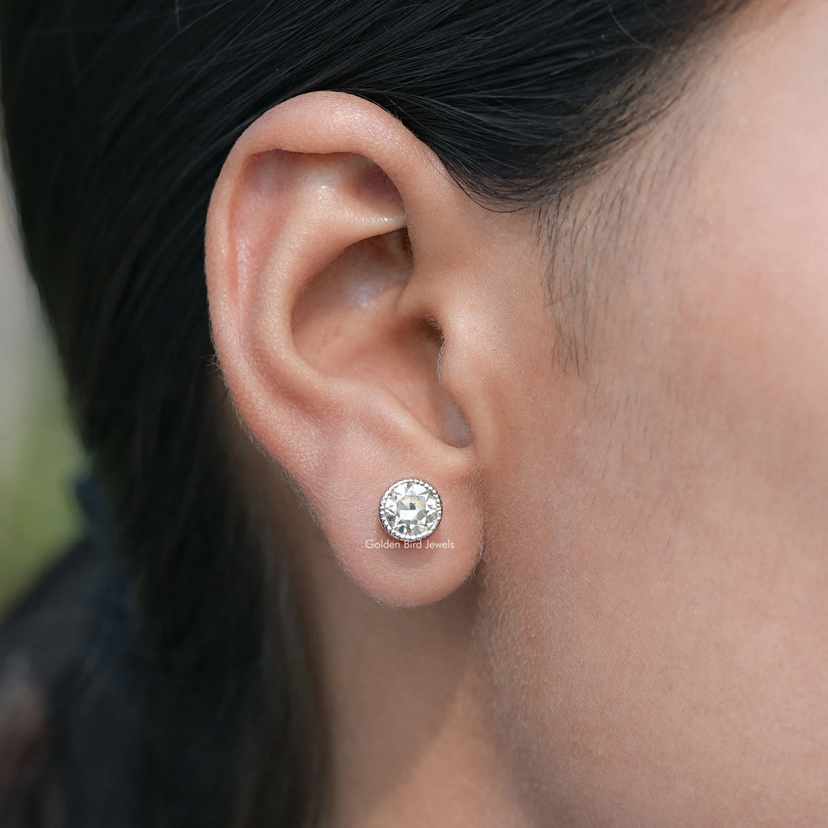 Milgrain Old European Round Moissanite Stud Earrings