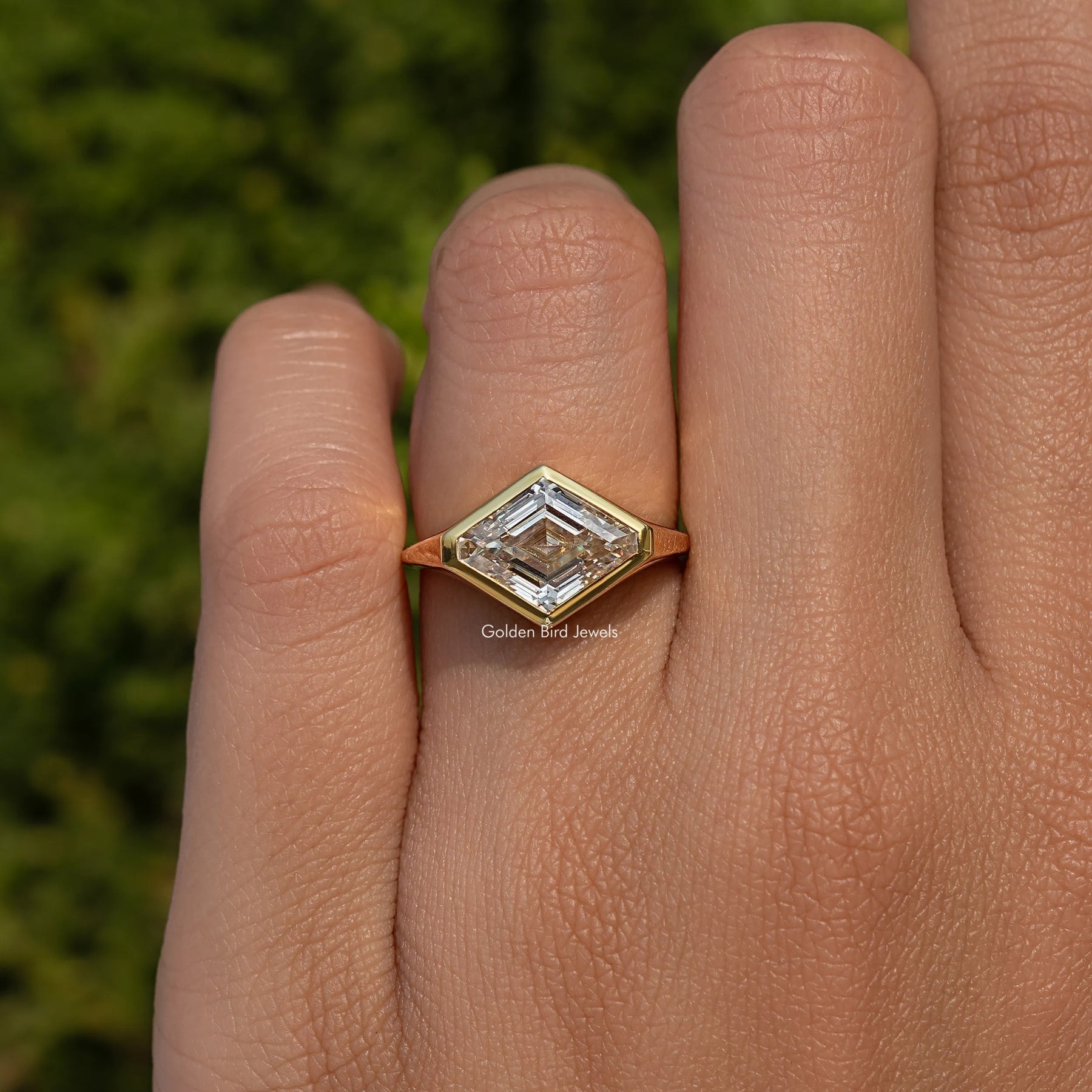 Modified Lozenge Cut Moissanite Bezel Set Solitaire Ring