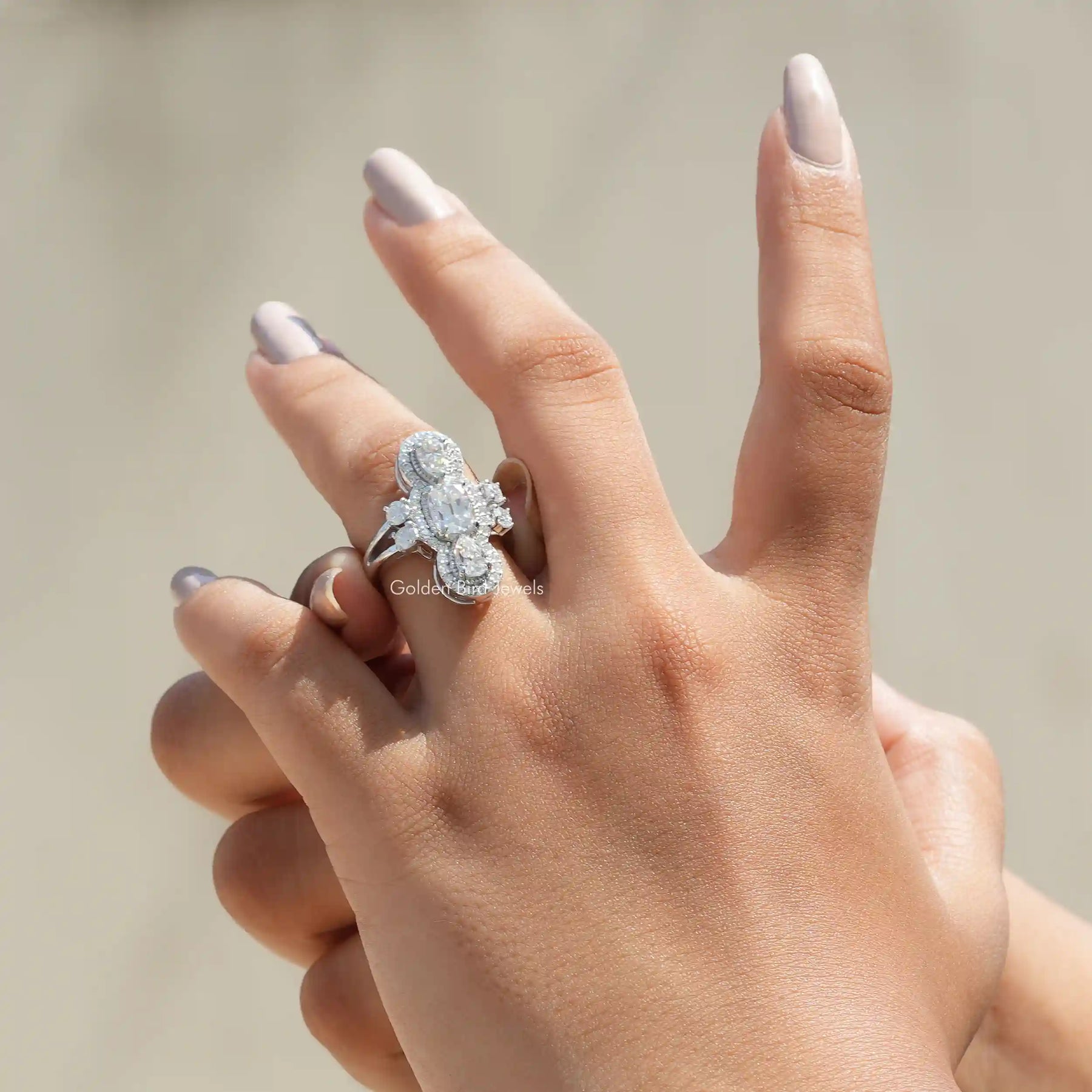 [Old Mine Cushion And Pear Cut Moissanite Engagement Ring]-[Golden Bird Jewels]