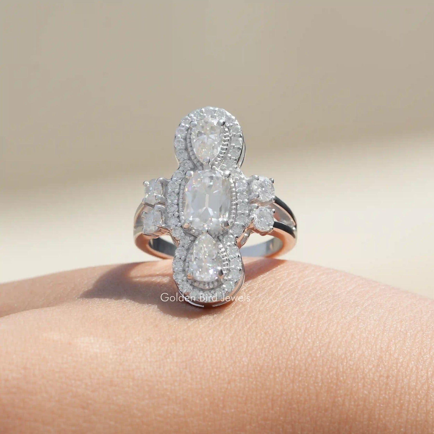 [Old Mine Cushion And Pear Cut Moissanite Engagement Ring]-[Golden Bird Jewels]