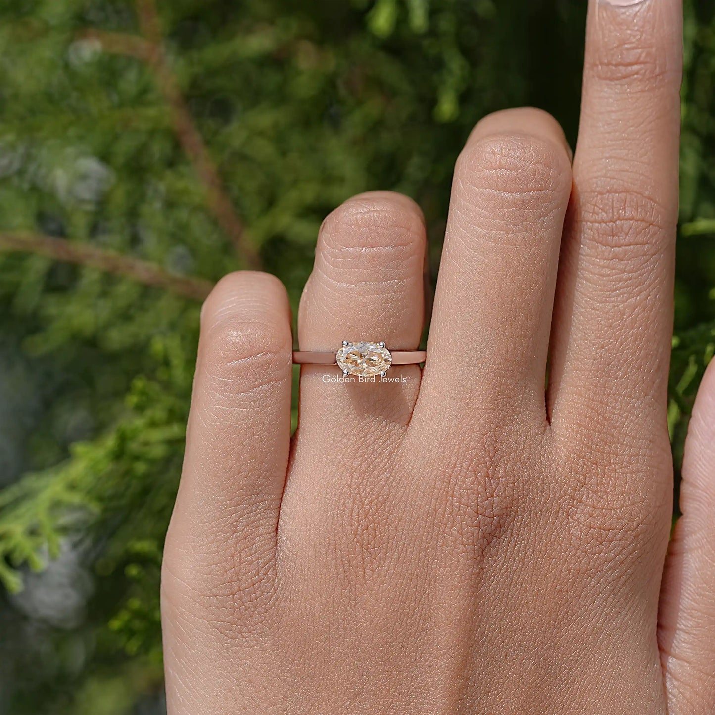 East-West Oval Cut Moissanite Gemstone Solitaire Ring
