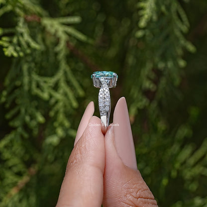 Blue Oval Moissanite Gemstone Accent Wedding Ring