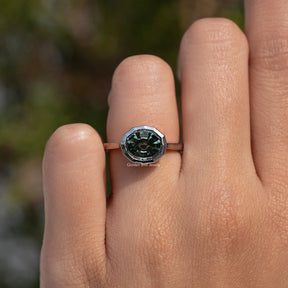 Moissanite Step Cut Oval Blue Green Solitaire Bezel Set Ring