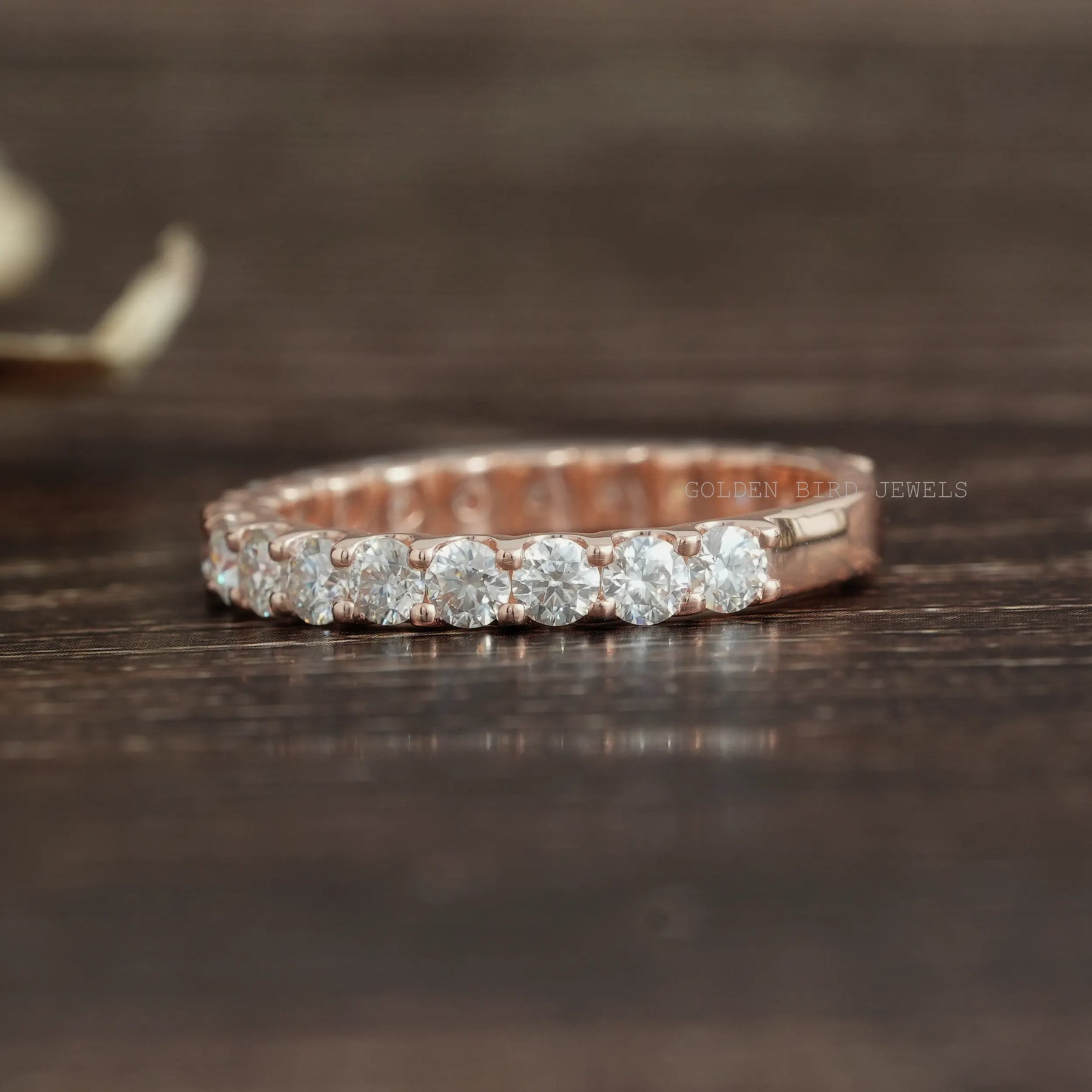 [Brilliant Colorless Round Cut Moissanite Wedding Eternity Band Crafted In 18K Rose Gold ]-[Golden Bird Jewels]