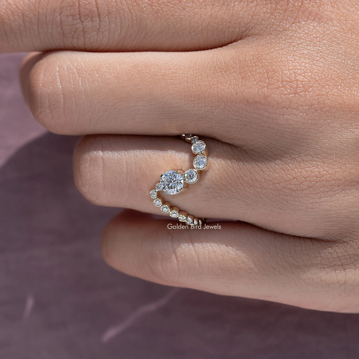 Round Cut Moissanite Wave Wedding Band