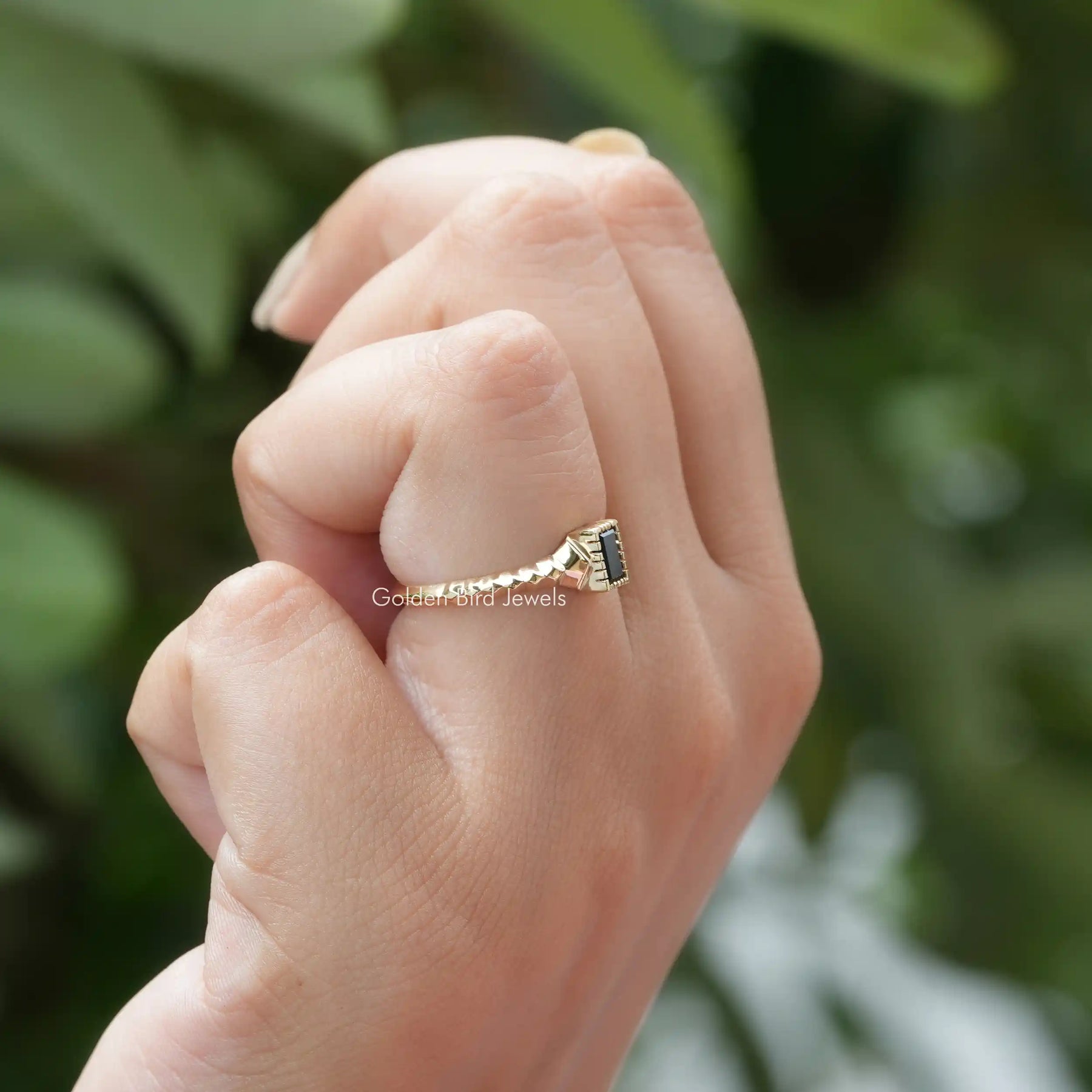 [Twisted Shank Baguette Cut Moissanite Engagement Ring]-[Golden Bird Jewels]