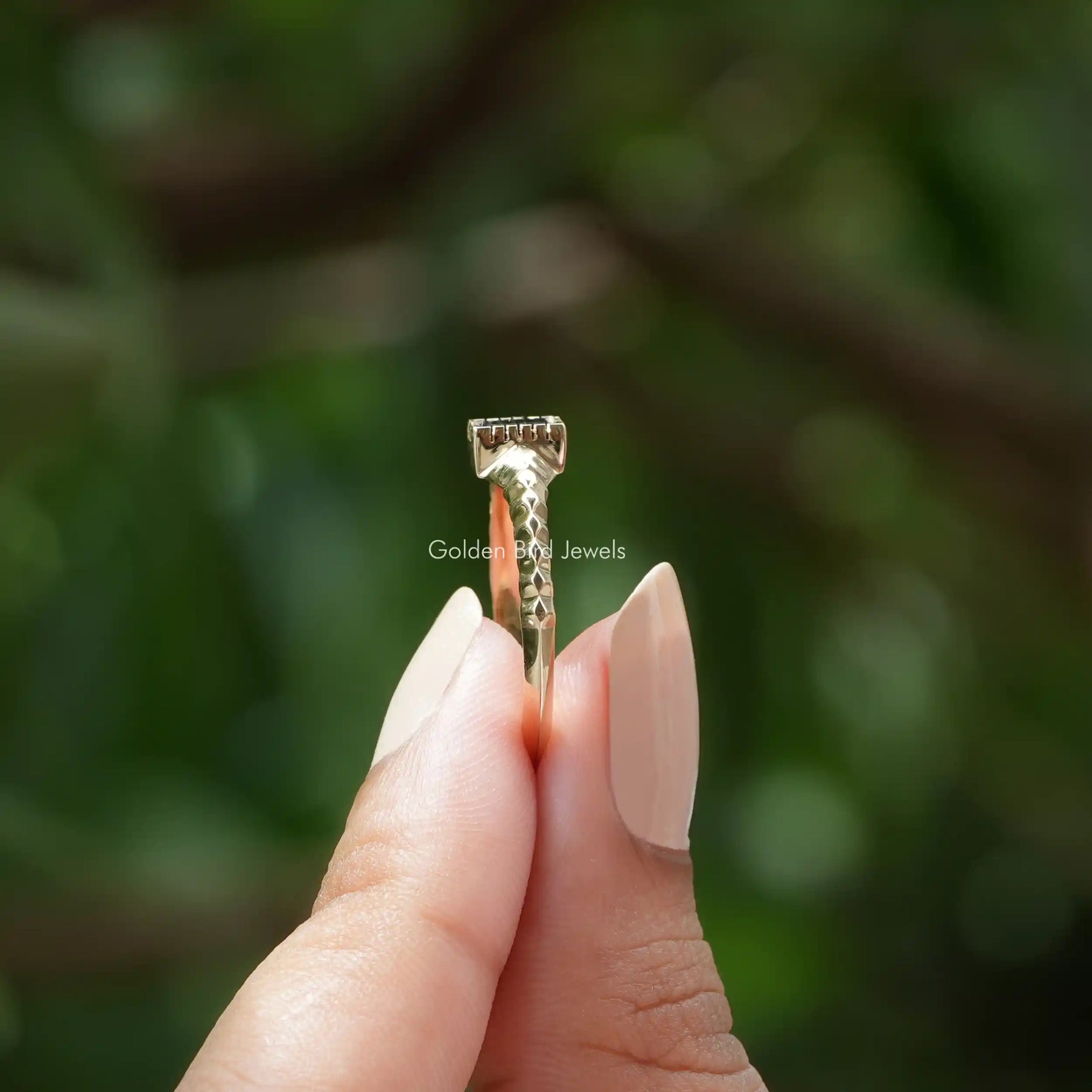 [In Finger a Baguette Cut Moissanite Ring In Solid Gold]-[Golden Bird Jewels]