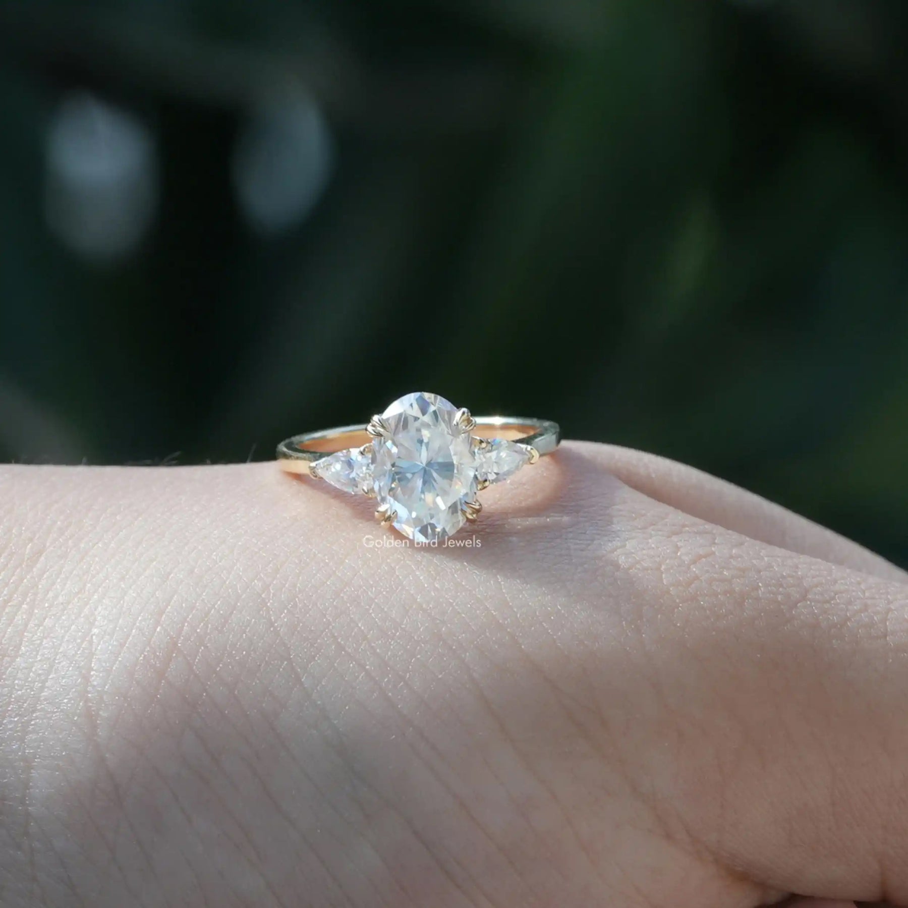 [Moissanite Three Stone Oval And Pear Cut Engagement Ring]-[Golden Bird Jewels]