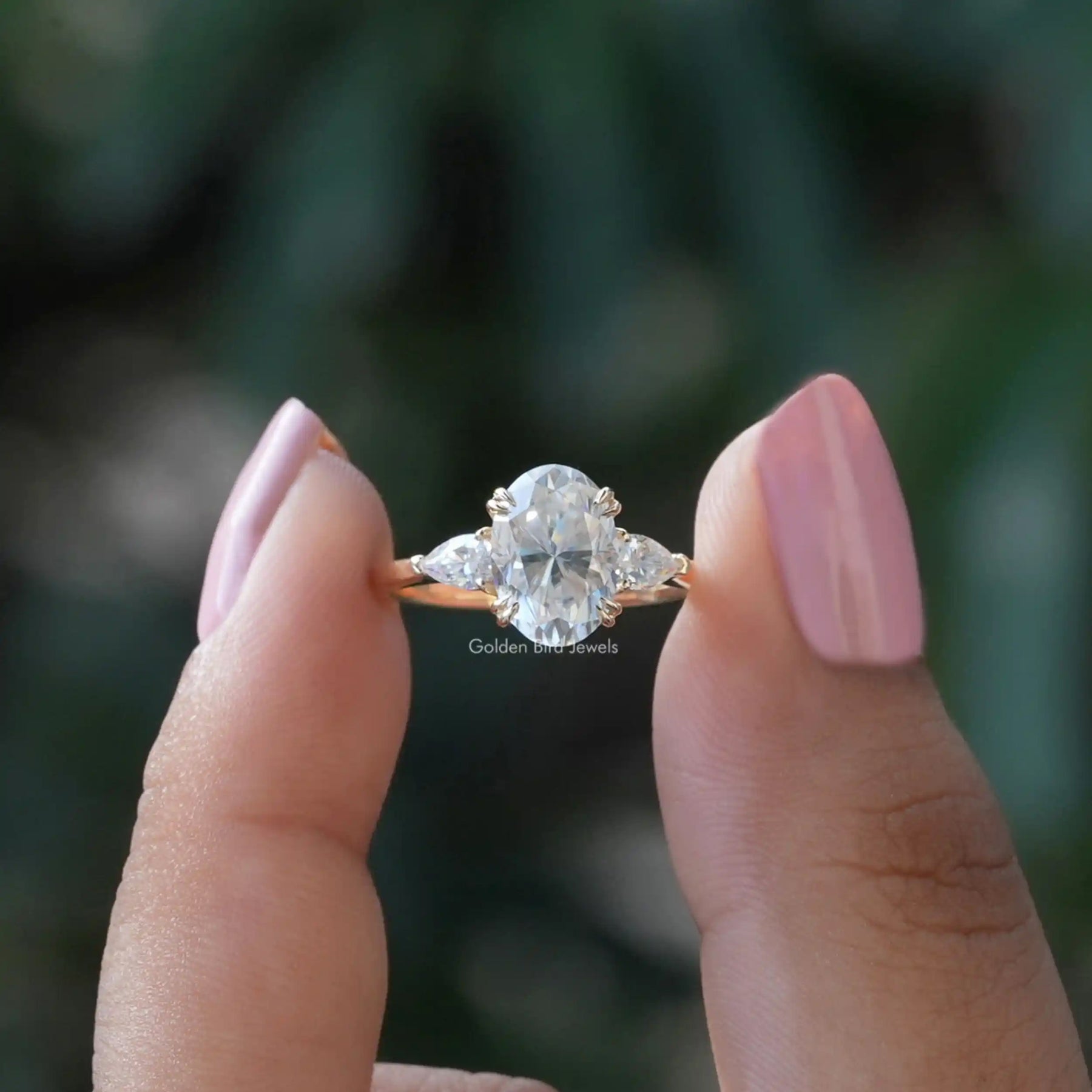 Cushion cut with Side Half-moon Three Stone Engagement Ring