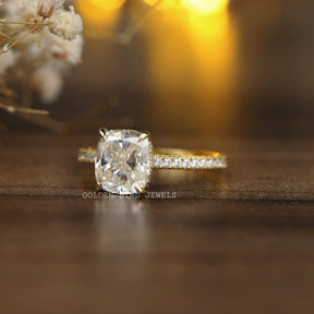 [This cushion cut moissanite engagement ring made of 14k yellow gold]-[Golden Bird Jewels]