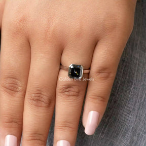 [In finger front view of bezel set dark grey moissanite ring in 14k white gold]-[Golden Bird Jewels]