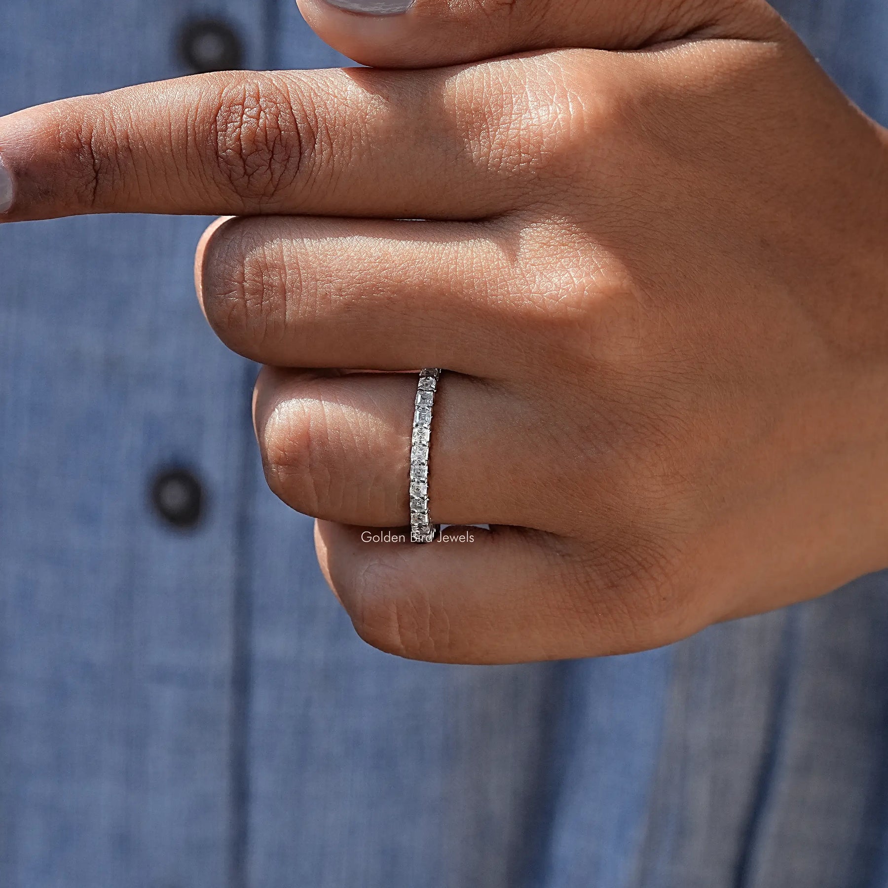 [White Gold Asscher Cut Moissanite Band]-[Golden Bird Jewels]