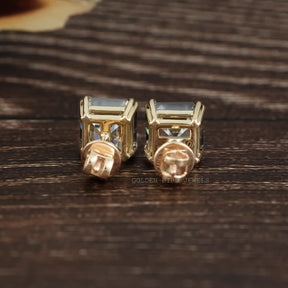 [Back view of asscher cut stud earrings made of gray moissanite]-[Golden Bird Jewels]