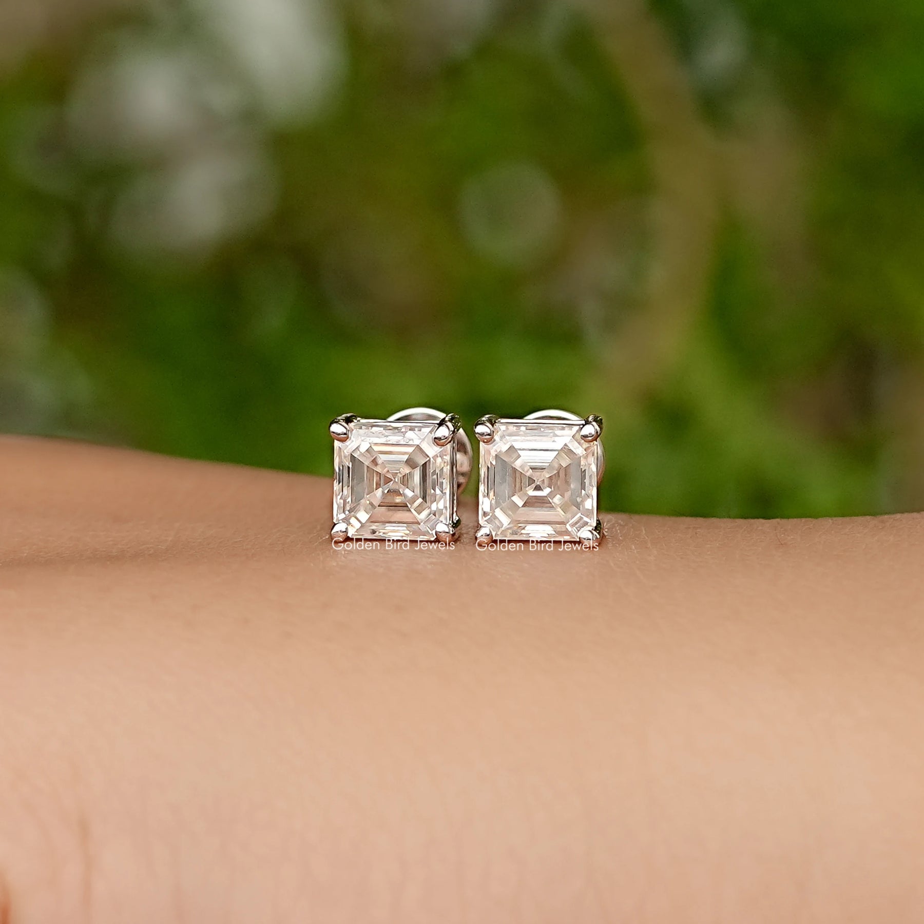 Asscher Cut Moissanite White Gold Stud Earrings