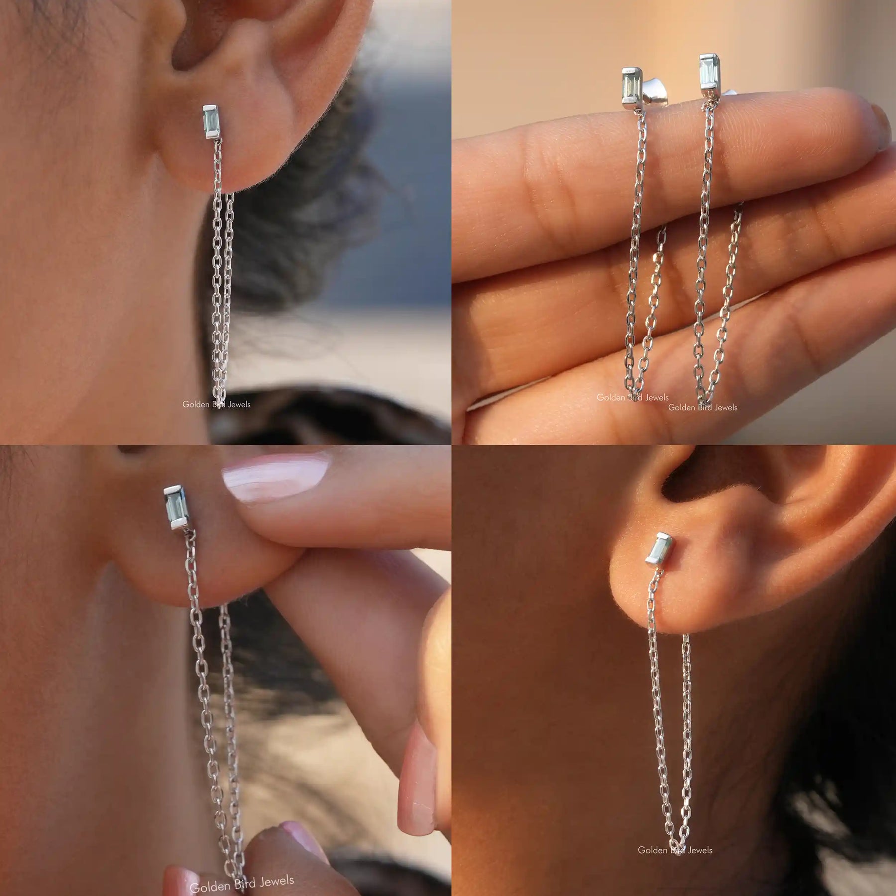 [Moissanite Dangle Baguette Cut Earrings]-[Golden Bird Jewels]