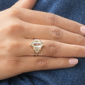 [In finger view of baguette cut engagement ringin 14k yellow gold]-[Golden Bird Jewels]