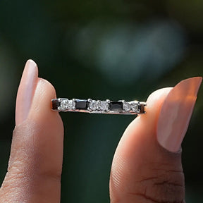 Front View of Black Baguette Cut Moissanite Eternity Band In two Fingers