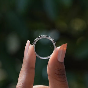 Back View of Colorless Moissanite  Baguette Half Eternity Band In two fingers