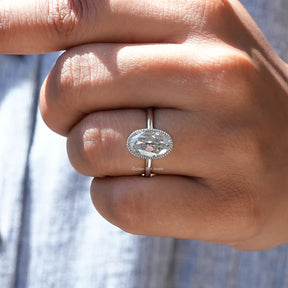 Detailed View Of Oval Cut Moissanite Engagement Ring In White Gold