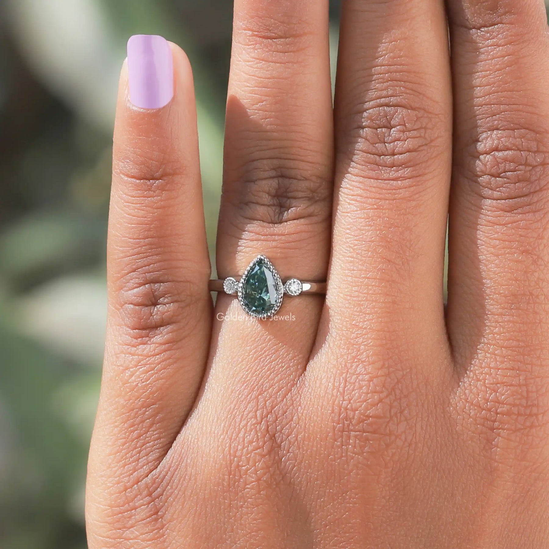 [Bezel Set Pear Cut Three Stone Moissanite Ring]-[Golden Bird Jewels]