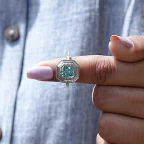 In finger front View of Blue Radiant Cut Moissanite Ring In White Gold