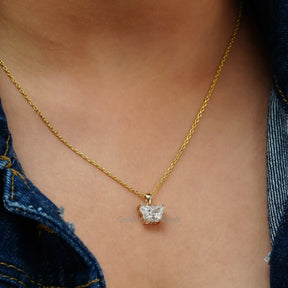 [In neck side view of butterfly cut moissanite pendant set in prong setting]-[Golden Bird Jewels]
