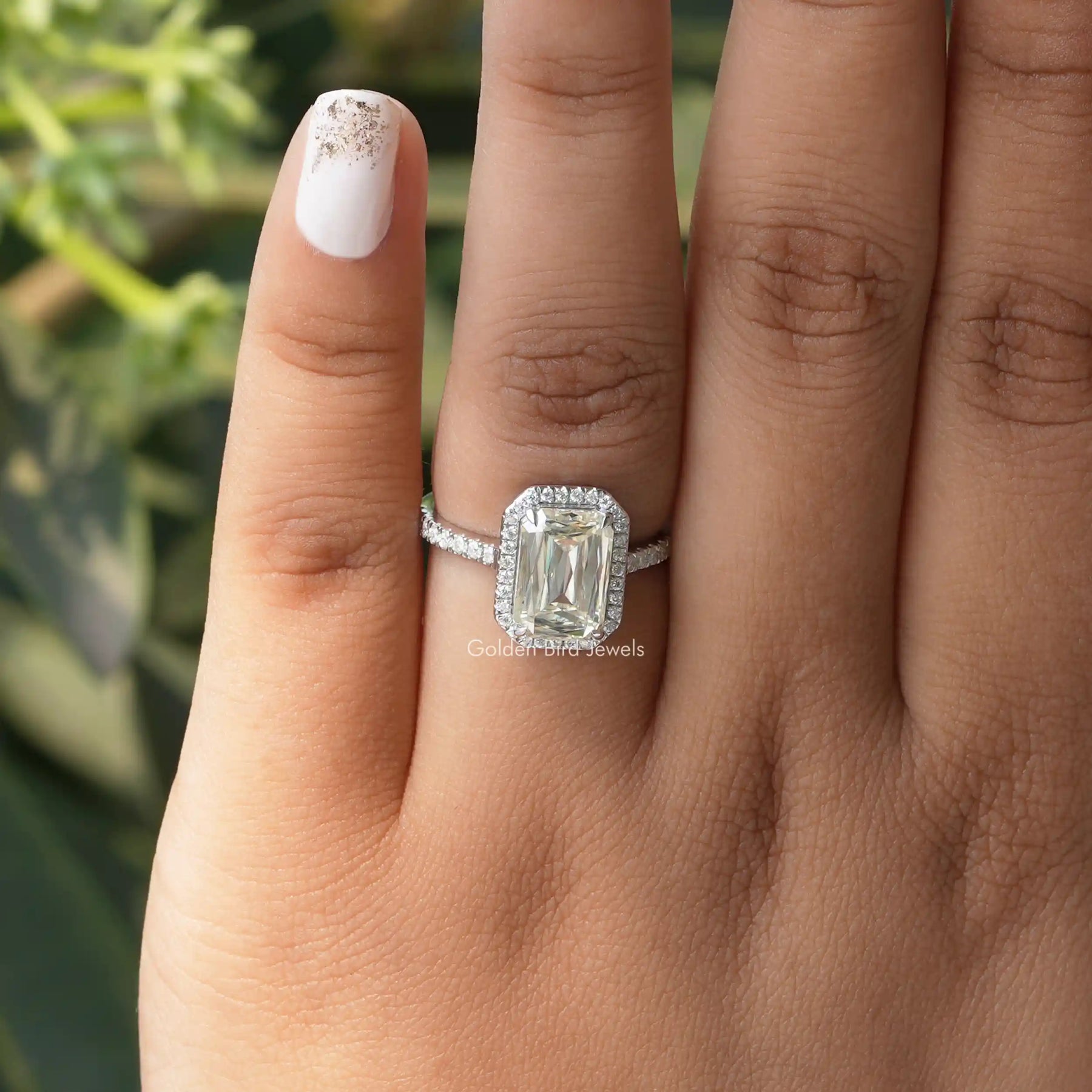 Criss Cut Moissanite Halo Accent Engagement Ring