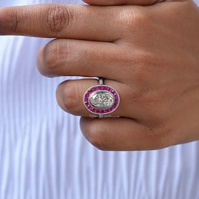 View of Oval Cut Moissanite Halo Ring In finger