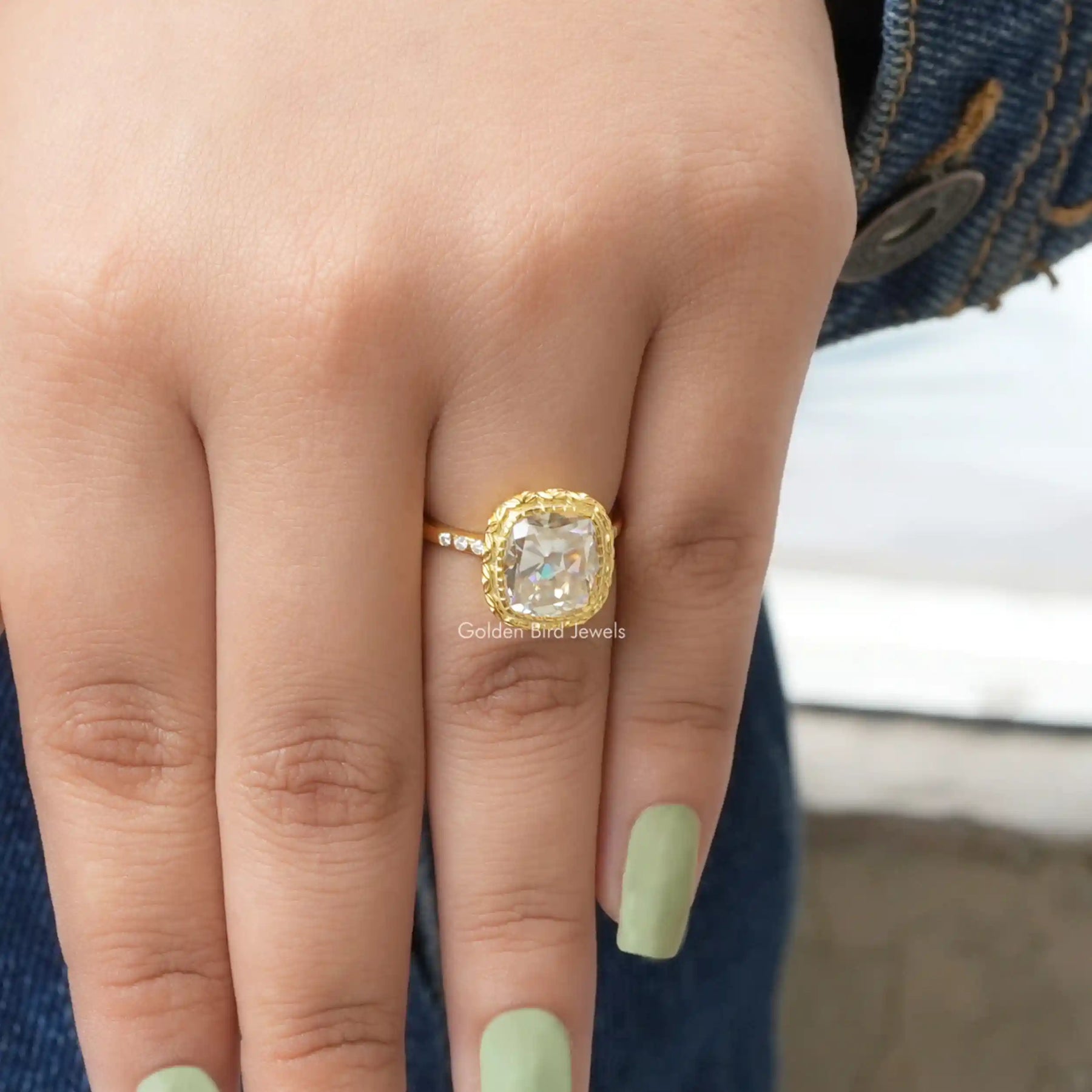 [In finger cushion cut bezel set ring made of vvs clarity]-[Golden Bird Jewels]