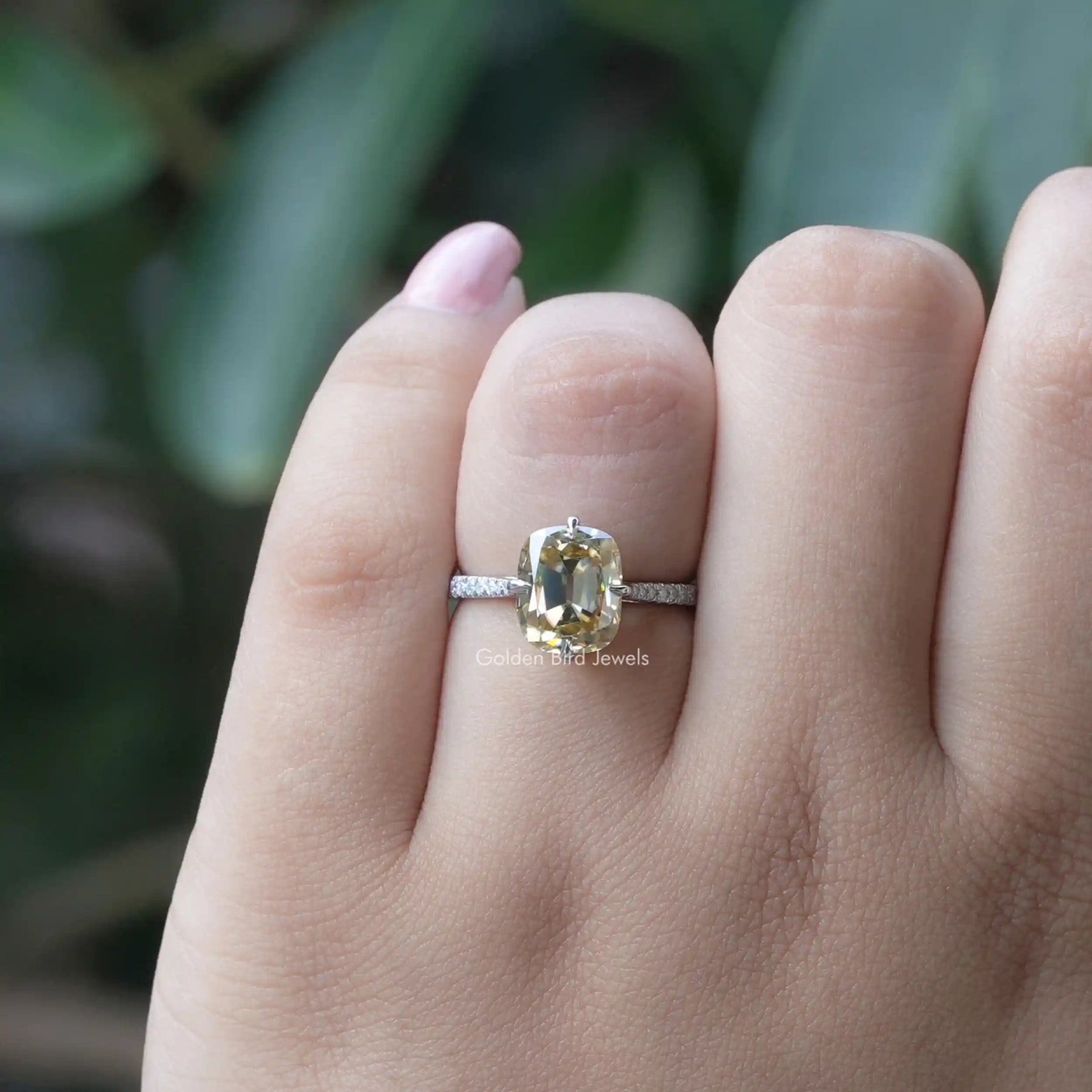 [In hand front view of yellow old mine cushion cut engagement ring]-[Golden Bird Jewels]