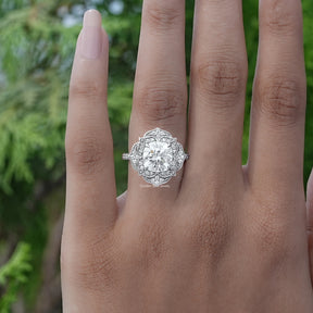 Detailed View Of Moissanite Cushion Cut Floral Ring 