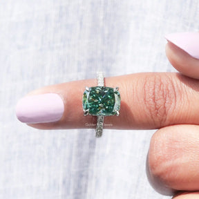 In finger front View of Cushion Cut Moissanite Ring